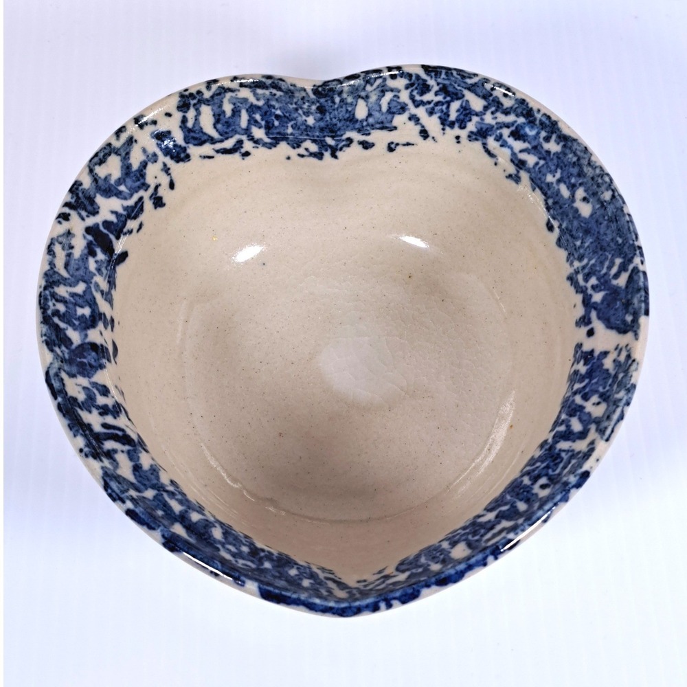 Signed Mohr Studio Pottery Heart Shaped Bowl Blue Spongeware Tan Stoneware 7.5in
